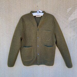 Universal Works fleece cardigan in forest green. Size small.